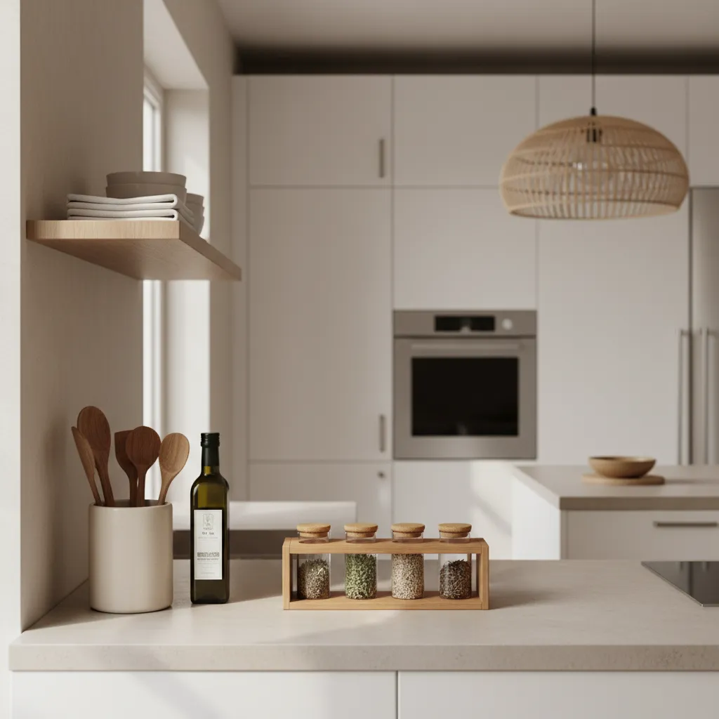 Minimalist white kitchen interior showing wood shelves spice jars wooden spoons oven and woven ceiling light