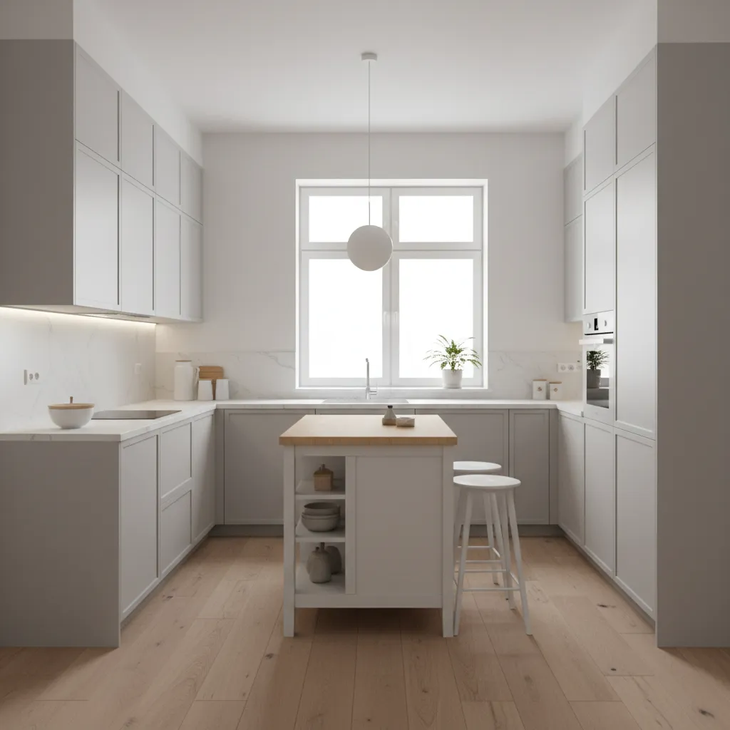 Small kitchen layout optimized with smart cabinets and compact island
