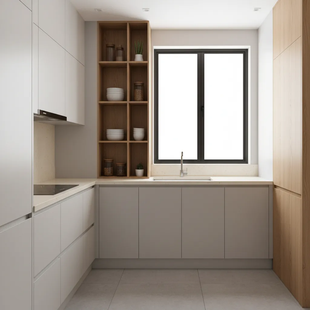 small kitchen with organized cabinets and visible vertical storage solutions