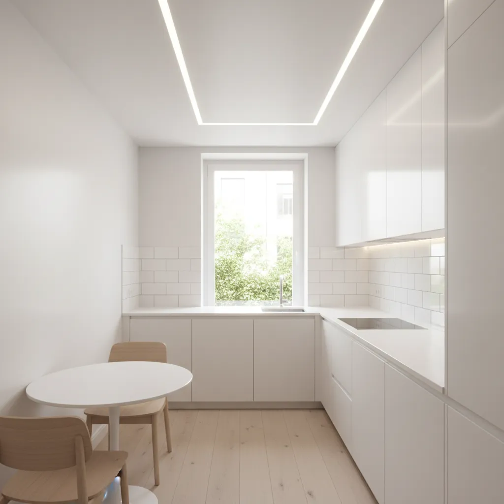 compact modern kitchen showing balanced lighting from ceiling fixtures and reflective surfaces