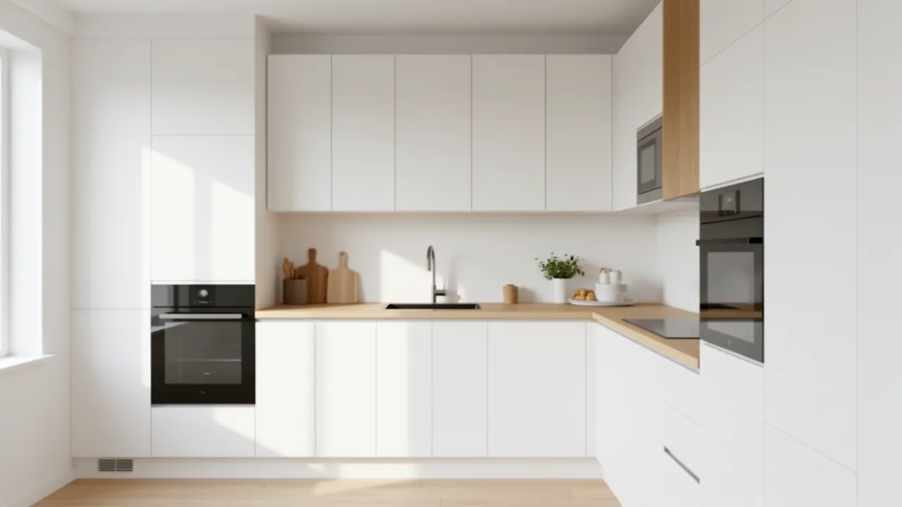Bright compact kitchen showing efficient small kitchen layout with modern cabinets