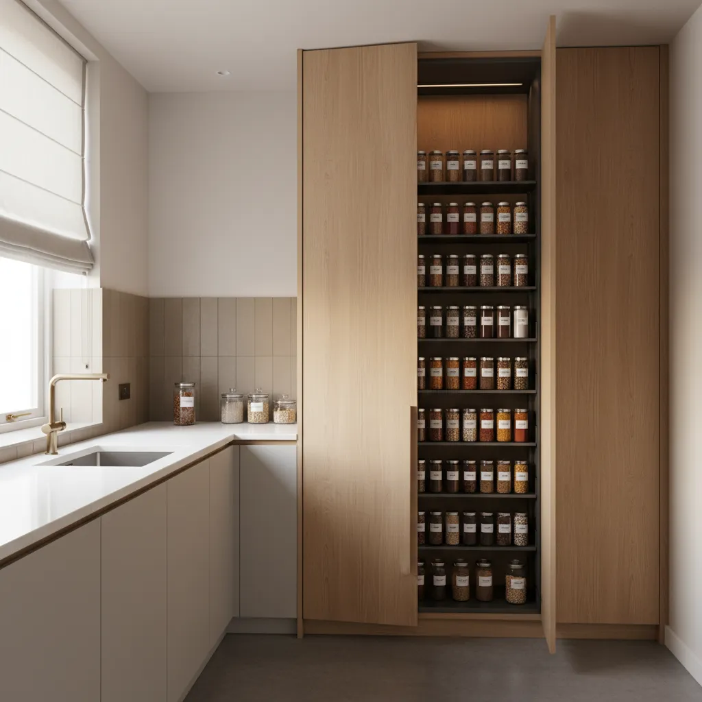 Modern wood pantry cabinet with doors open showing organized spice jars next to white kitchen counter