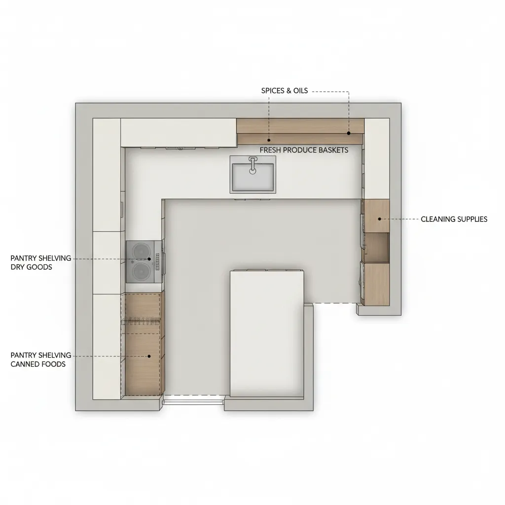 Small kitchen layout plan showing pantry storage zones
