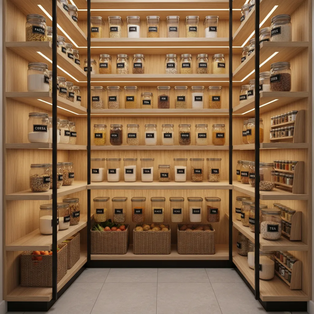 Interior shelves of a corner pantry with organized kitchen storage