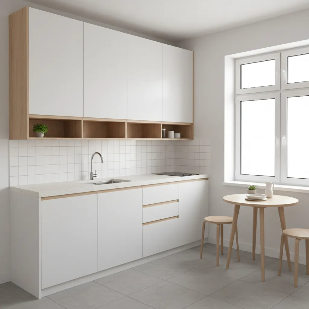 Compact apartment kitchen with peel and stick tile backsplash