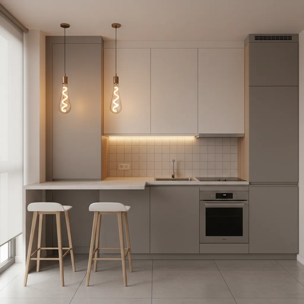 Small kitchen with two pendant lights using decorative LED bulbs