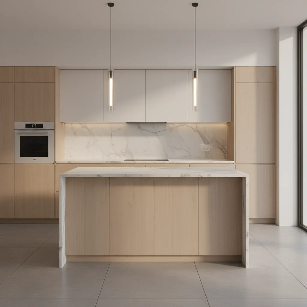 small kitchen island with slim glass pendant lights
