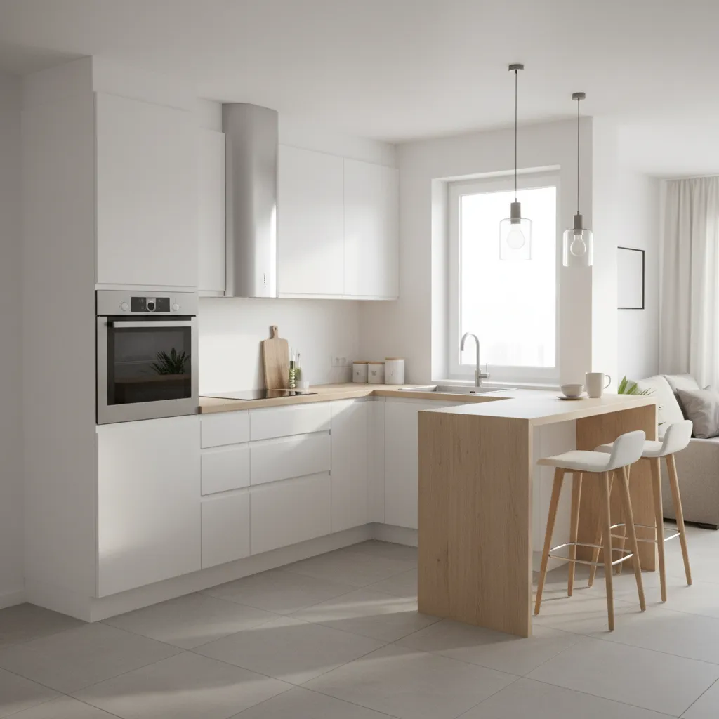 small L shape kitchen with narrow peninsula counter extension