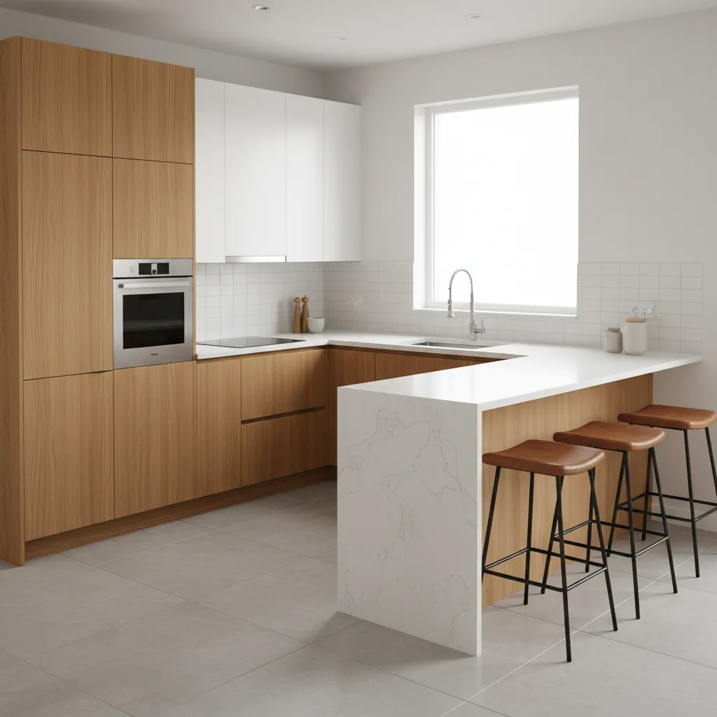 small U shaped kitchen with peninsula style island