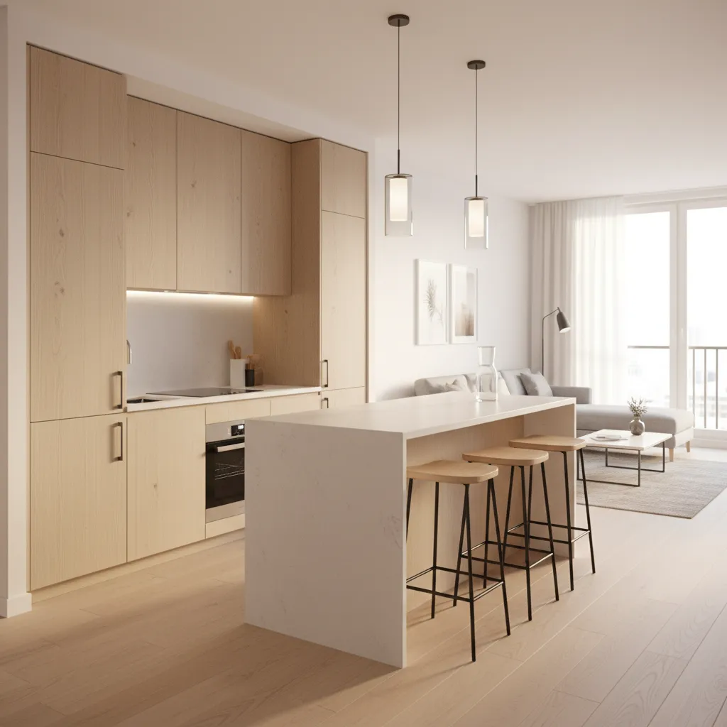 Small L-shaped kitchen with peninsula layout in open space