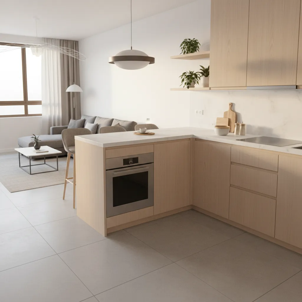 compact kitchen peninsula with integrated oven