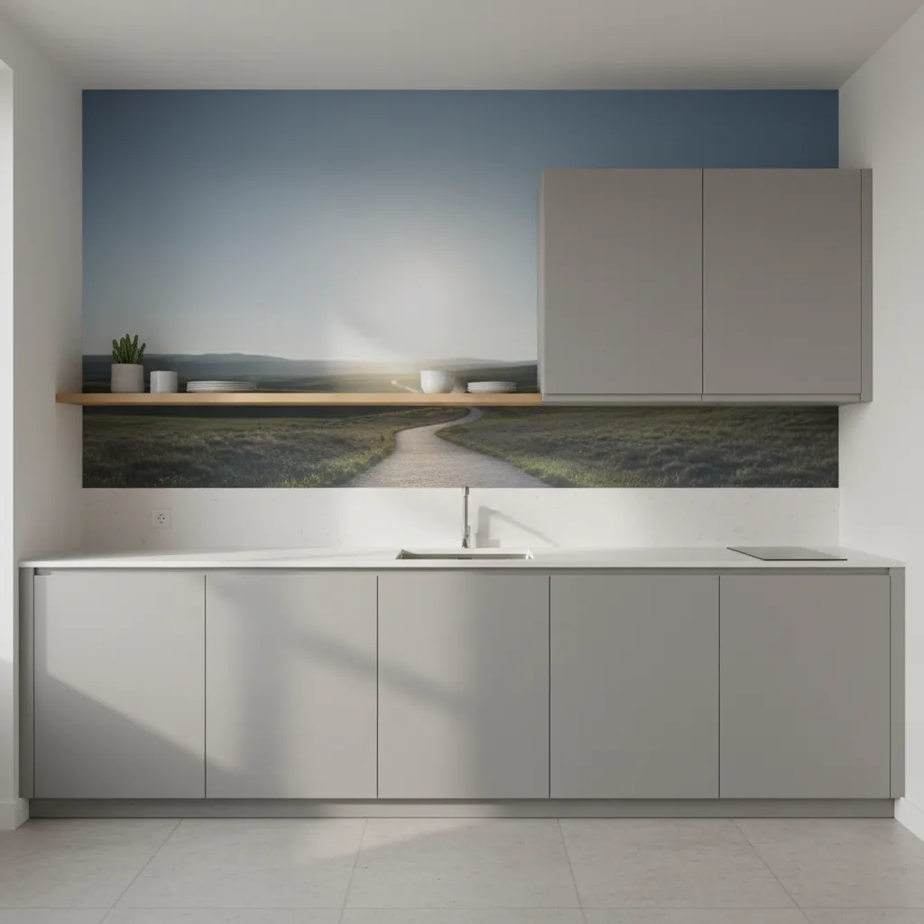 Compact apartment kitchen with a landscape mural creating visual depth