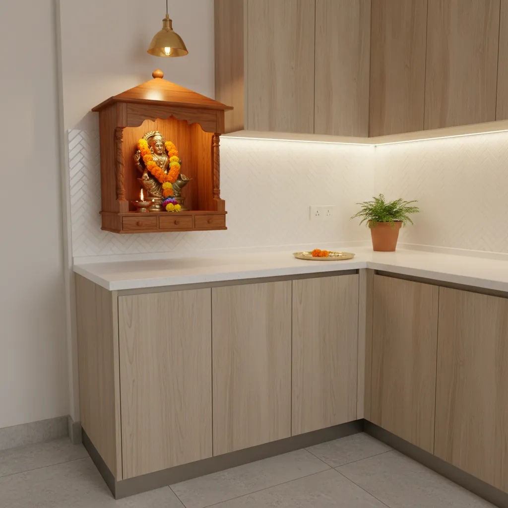 Compact kitchen corner with wall mounted Lakshmi mandir and flowers
