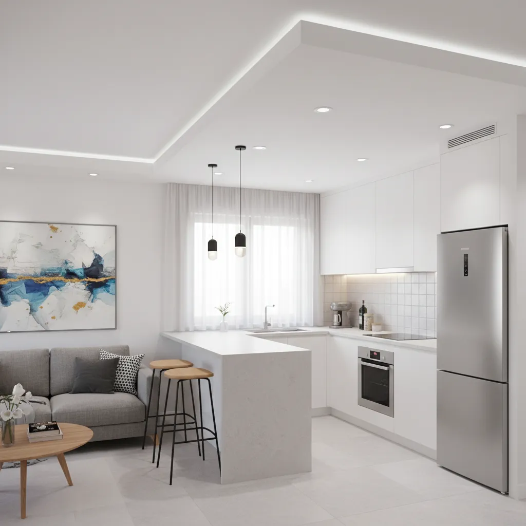 Small open kitchen with simple POP ceiling border and recessed lighting