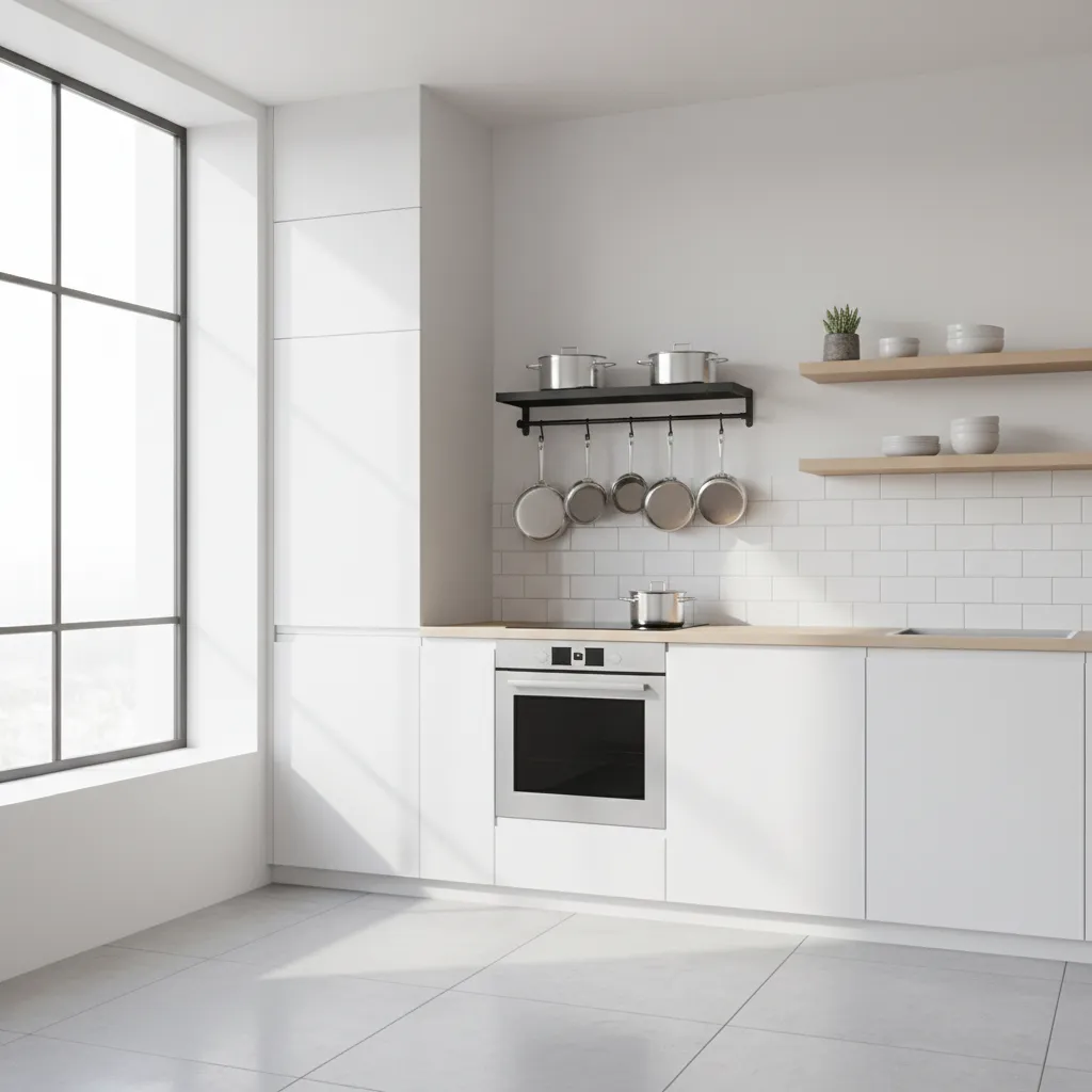 Minimalist white kitchen featuring wall mounted metal rack for hanging pans near a large glass window