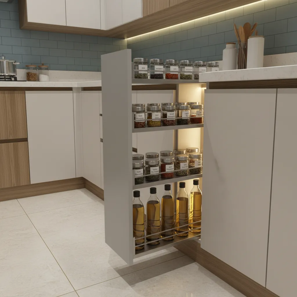 pull out spice rack and pantry storage in a small Indian kitchen cabinet
