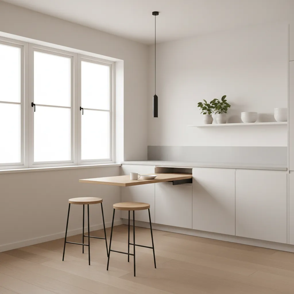 Small kitchen pull out table used as dining surface