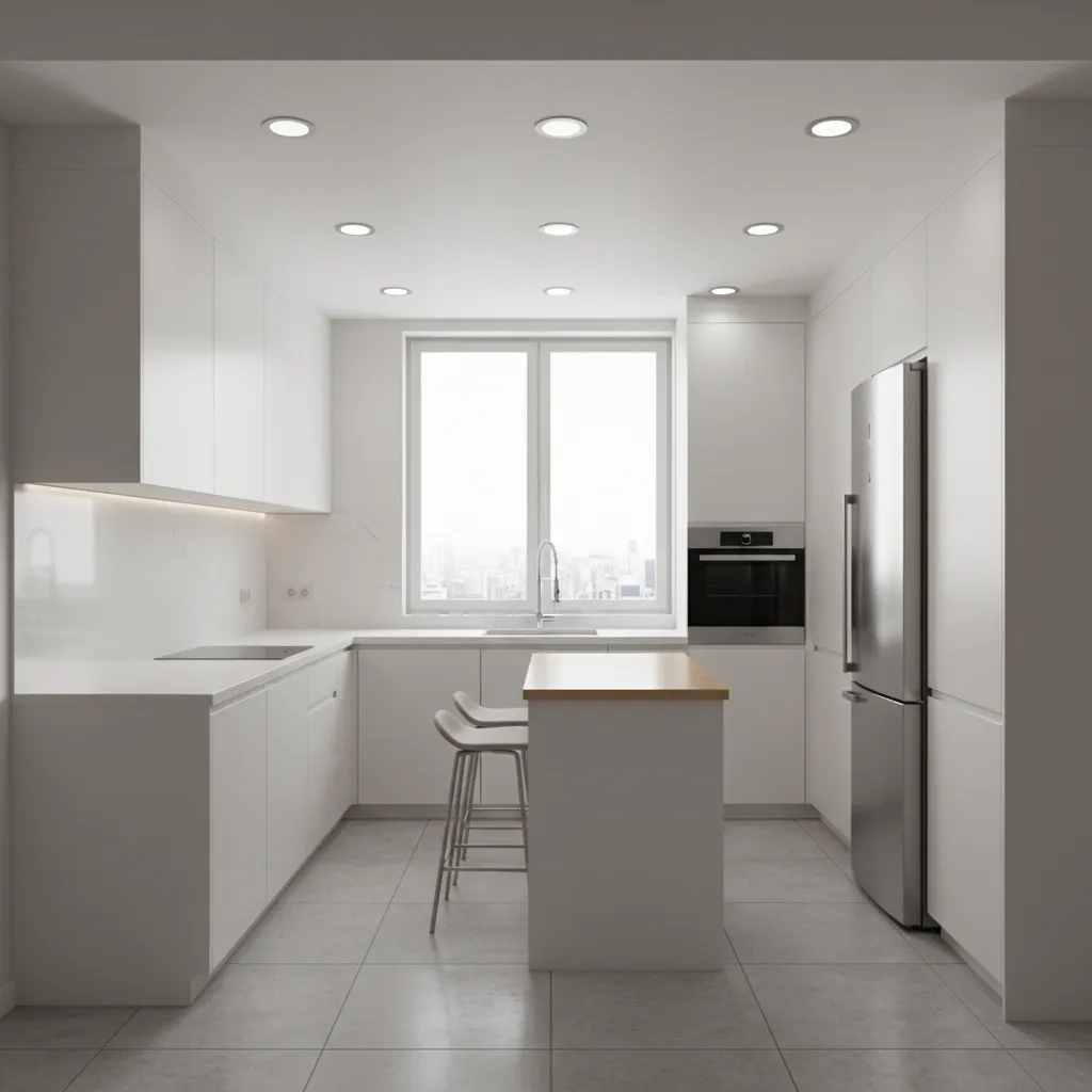 compact kitchen with recessed ceiling lights illuminating countertops