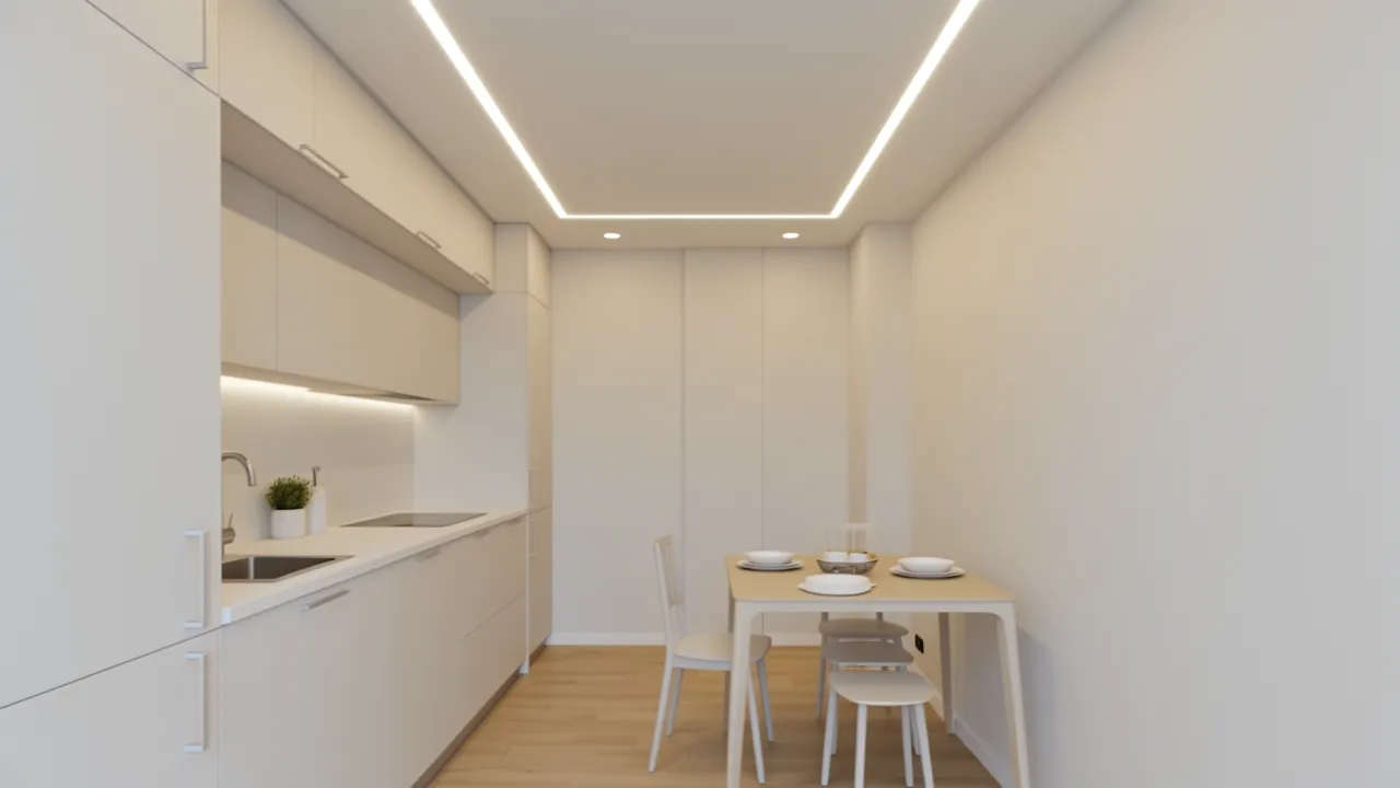 Small apartment kitchen with recessed strip ceiling lighting