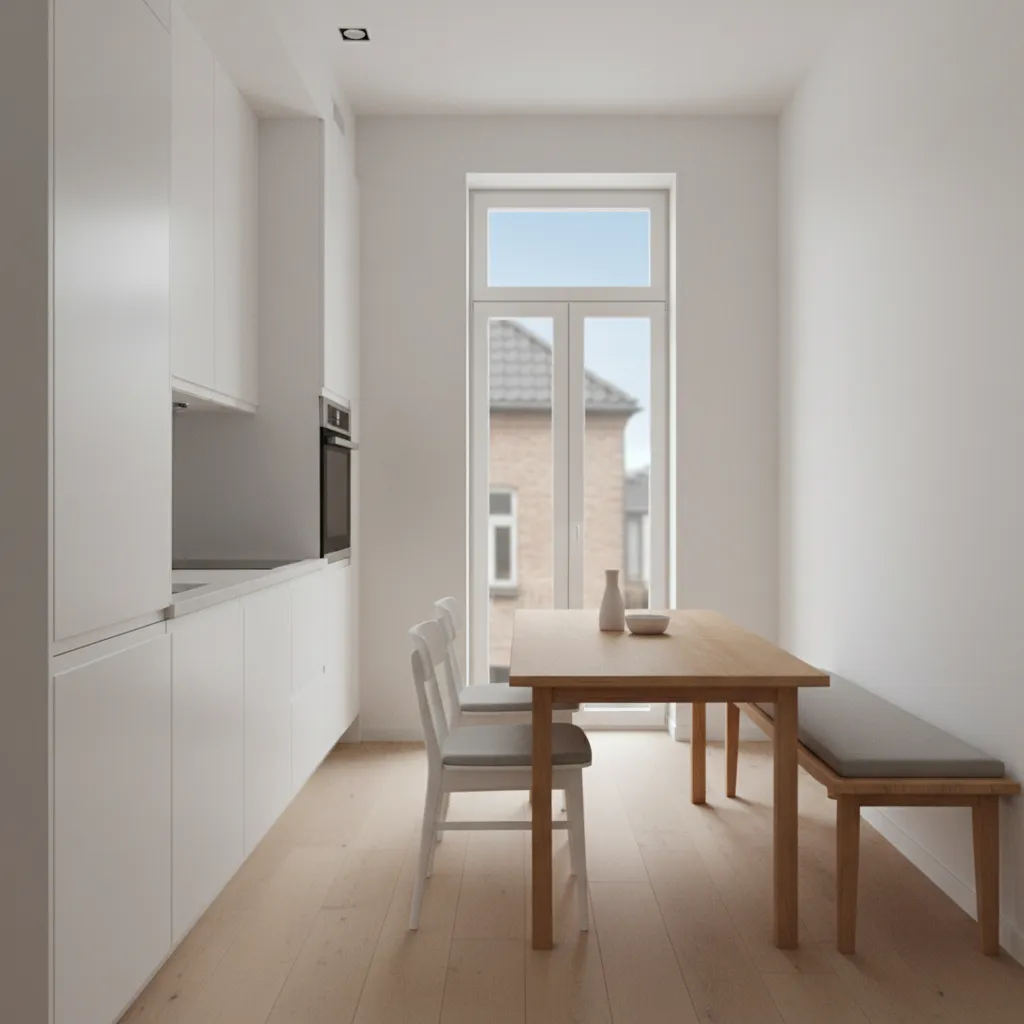 small kitchen with narrow rectangular table aligned with cabinets