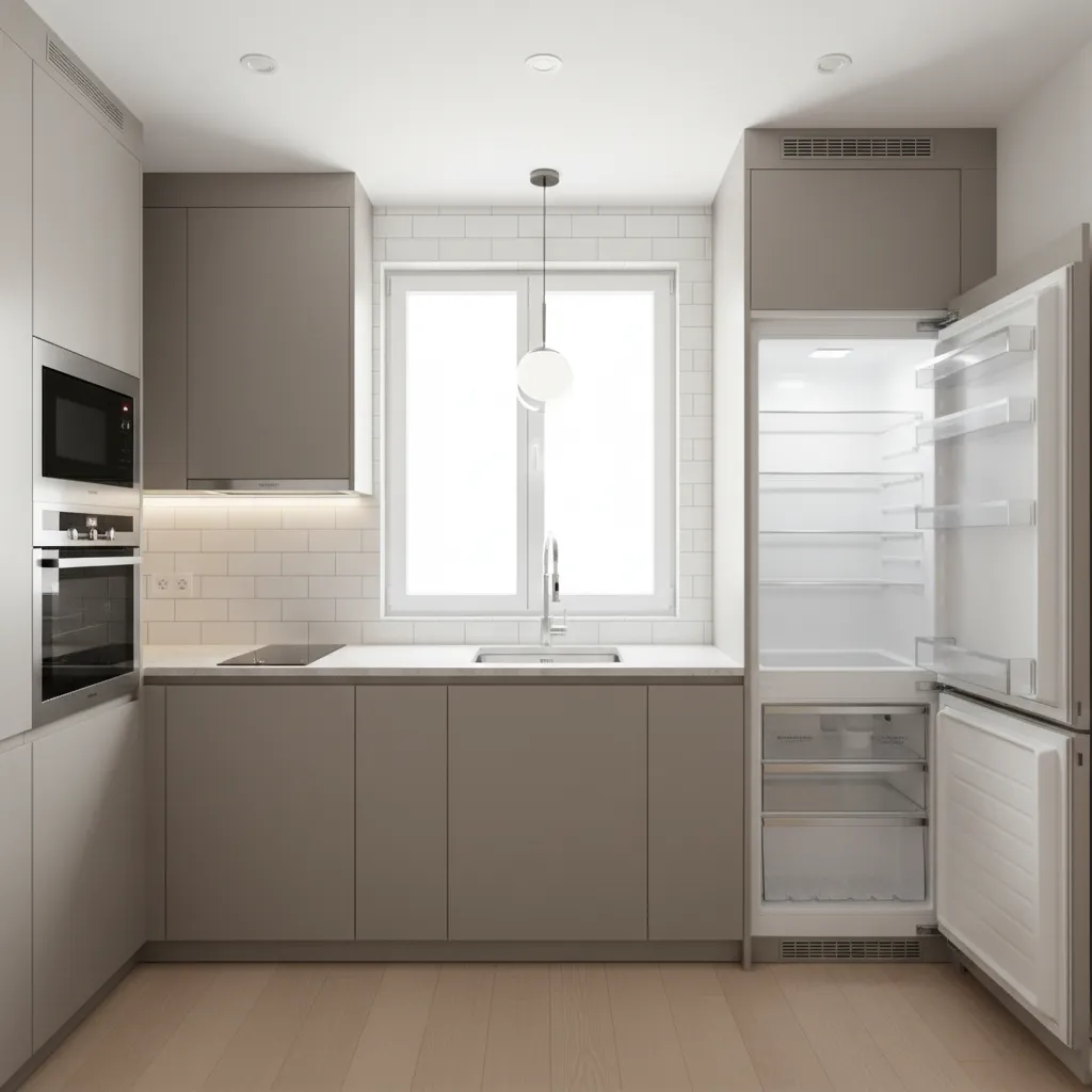 compact kitchen showing refrigerator door clearance near cabinets