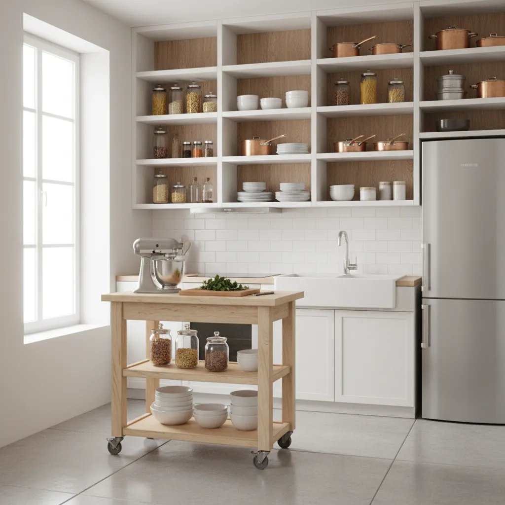 Small kitchen with rolling cart used as storage and prep area