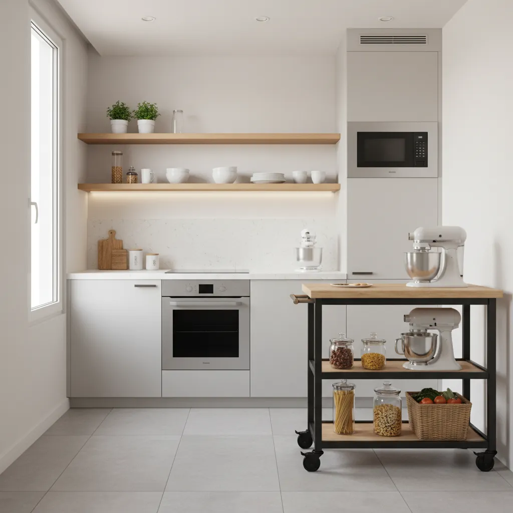 Small kitchen using a rolling cart for extra storage and prep space