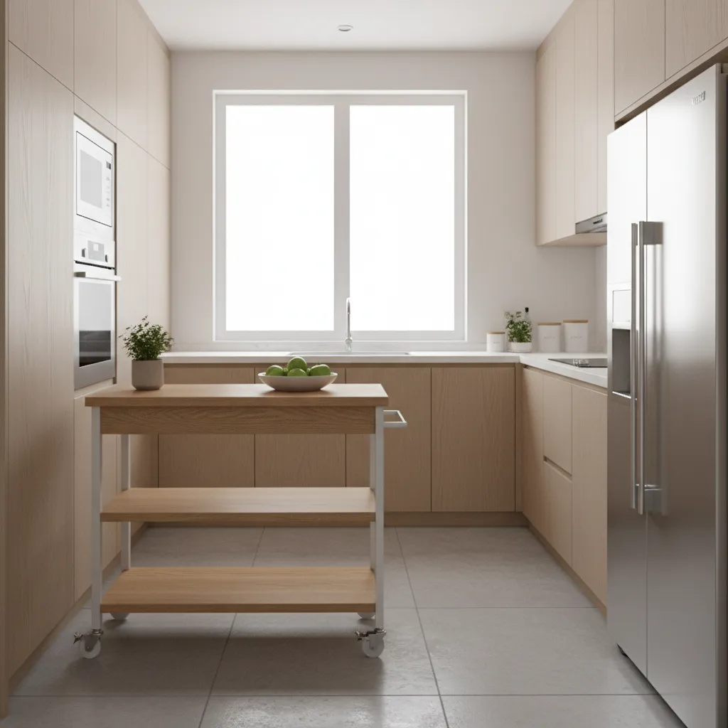 Small kitchen with narrow rolling island cart used for extra prep space