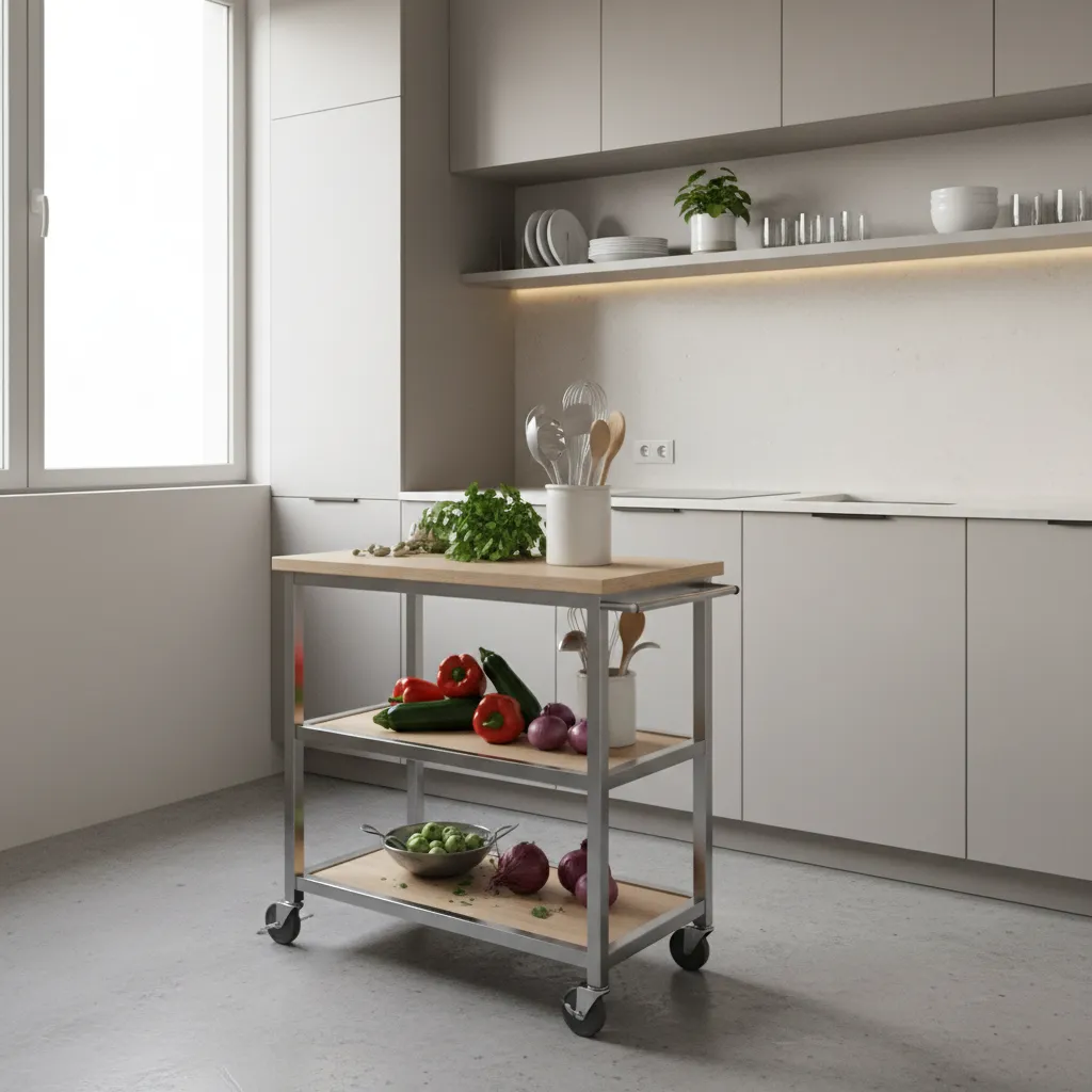 Metal rolling kitchen trolley with three wooden shelves holding vegetables in a modern grey kitchen