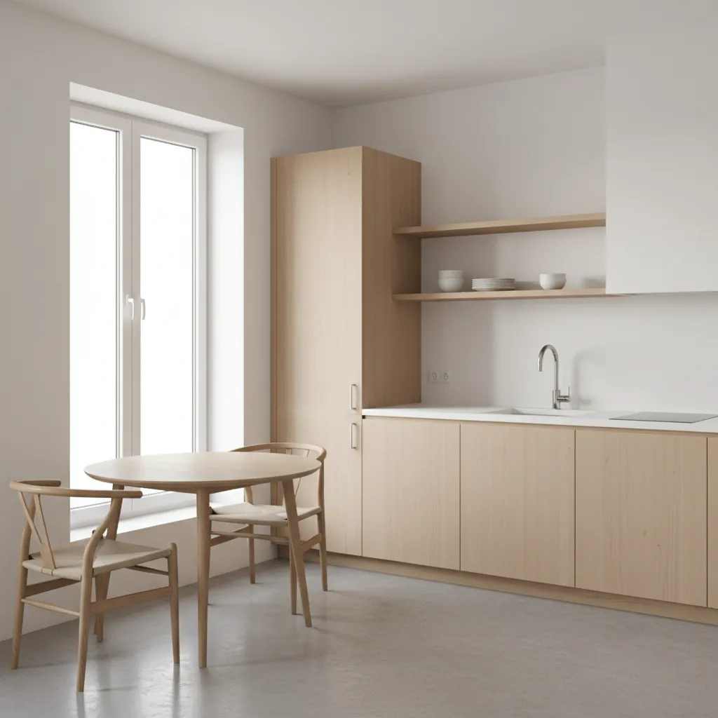 Small kitchen layout with compact round dining table near window
