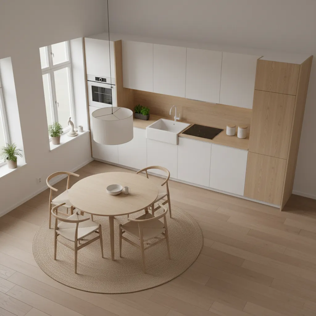 Small kitchen with a round dining table showing walking clearance around it
