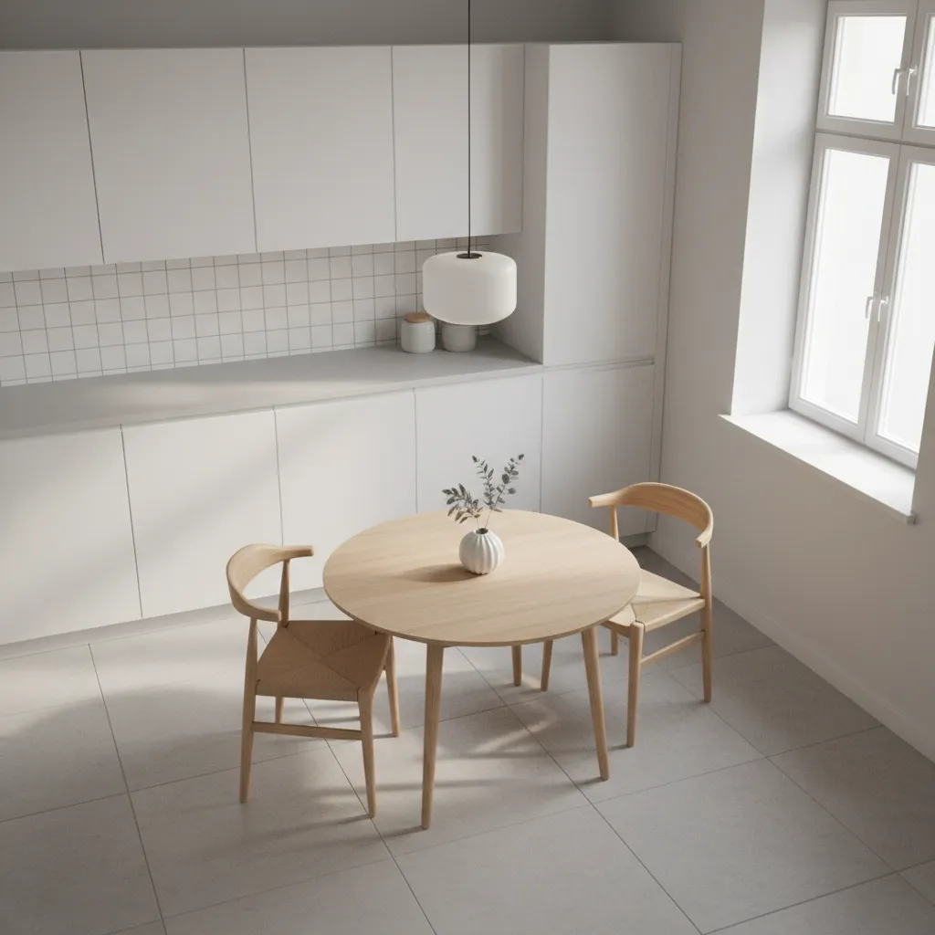 round dining table in a compact kitchen showing clear walking space