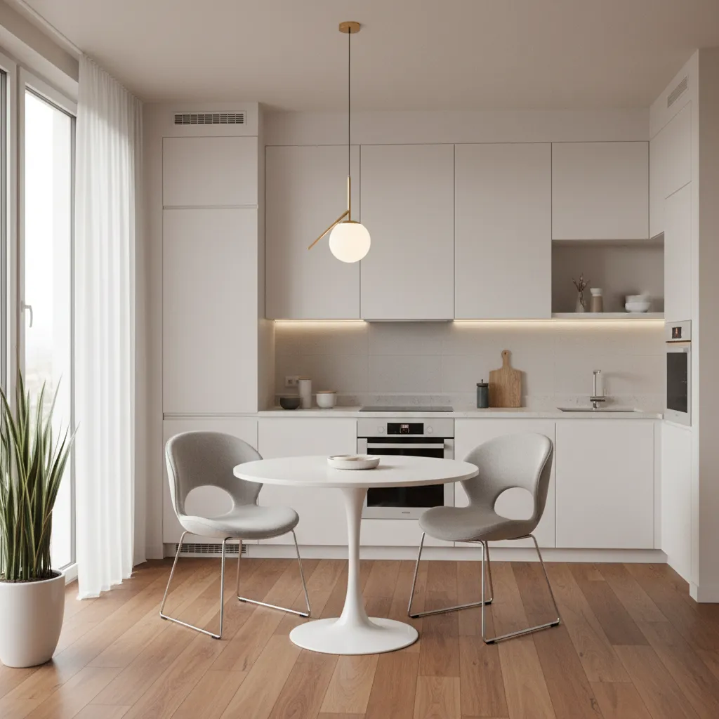 Round dining table improving movement flow in small kitchen