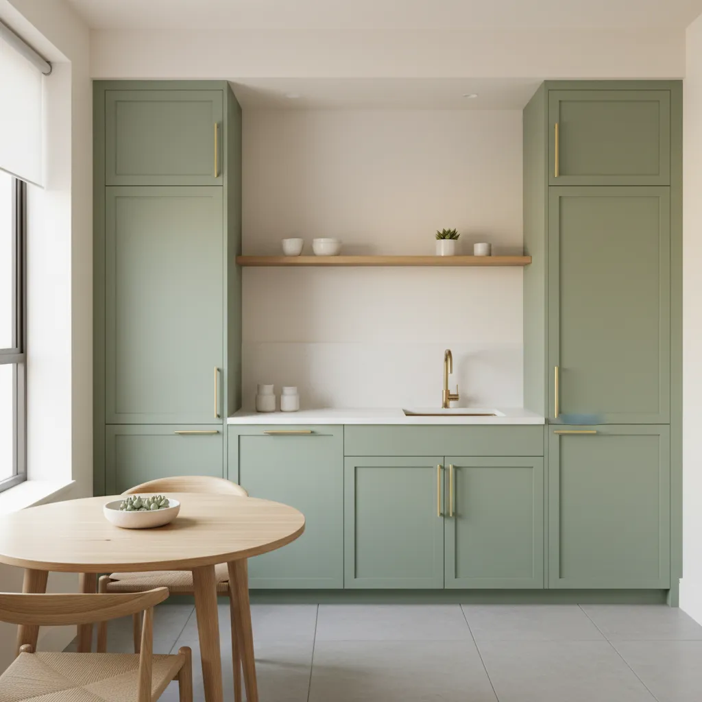 Small kitchen using limited color palette with white walls and green cabinets
