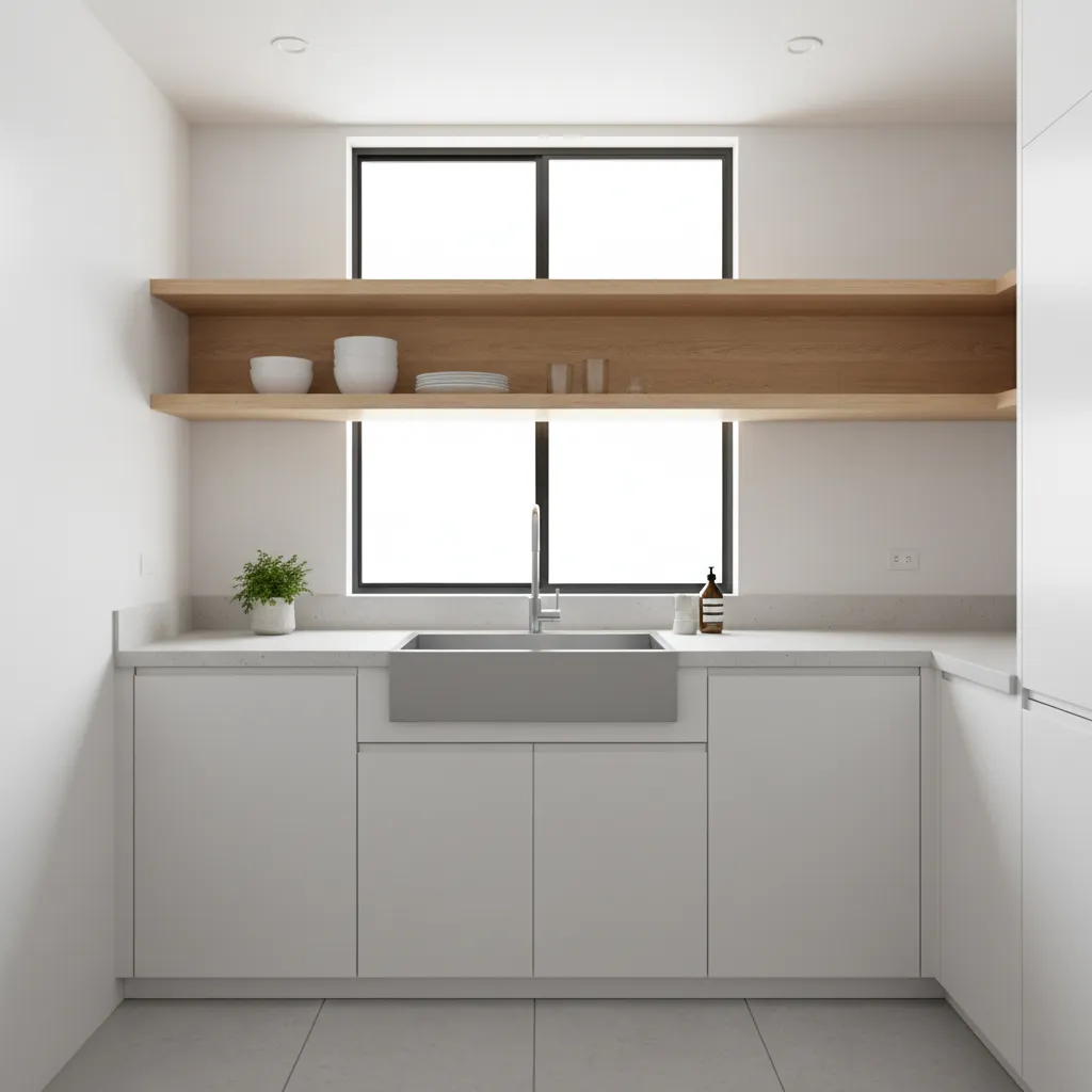 compact kitchen with open shelf above sink and window