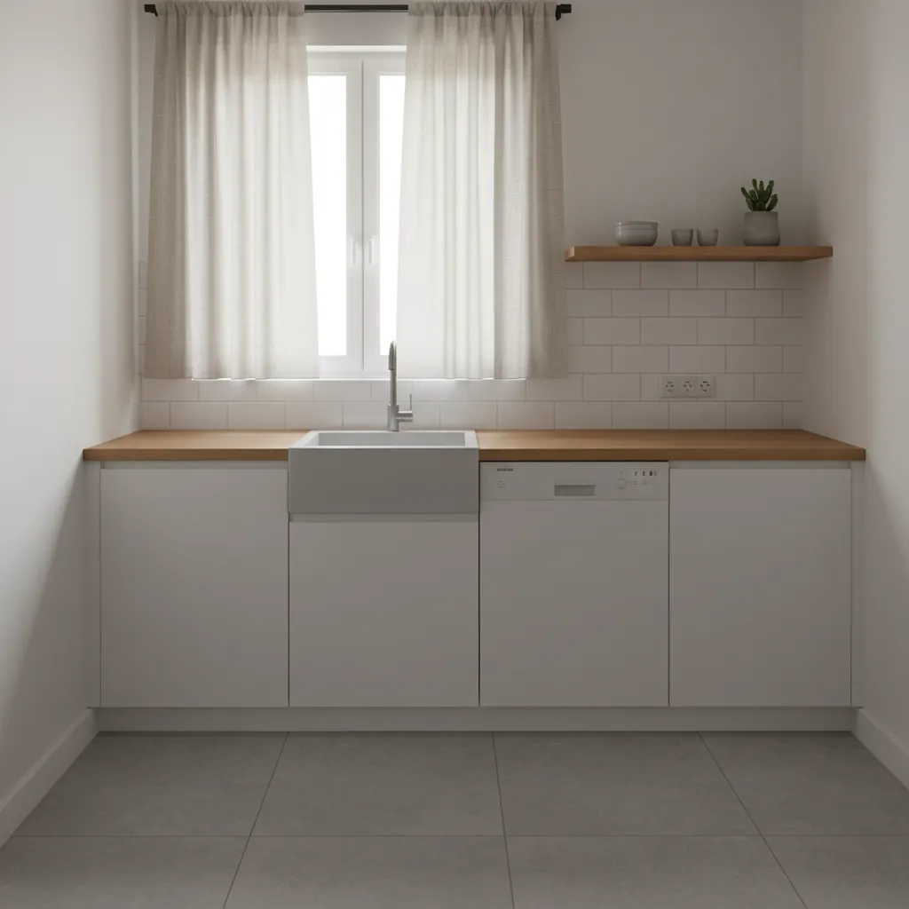 compact kitchen with window above sink styled with light linen cafe curtains
