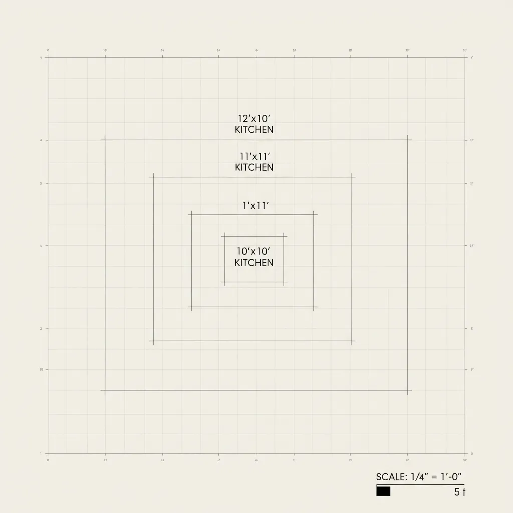 visual comparison of 10x10 11x11 and 12x12 kitchen sizes with floor outlines