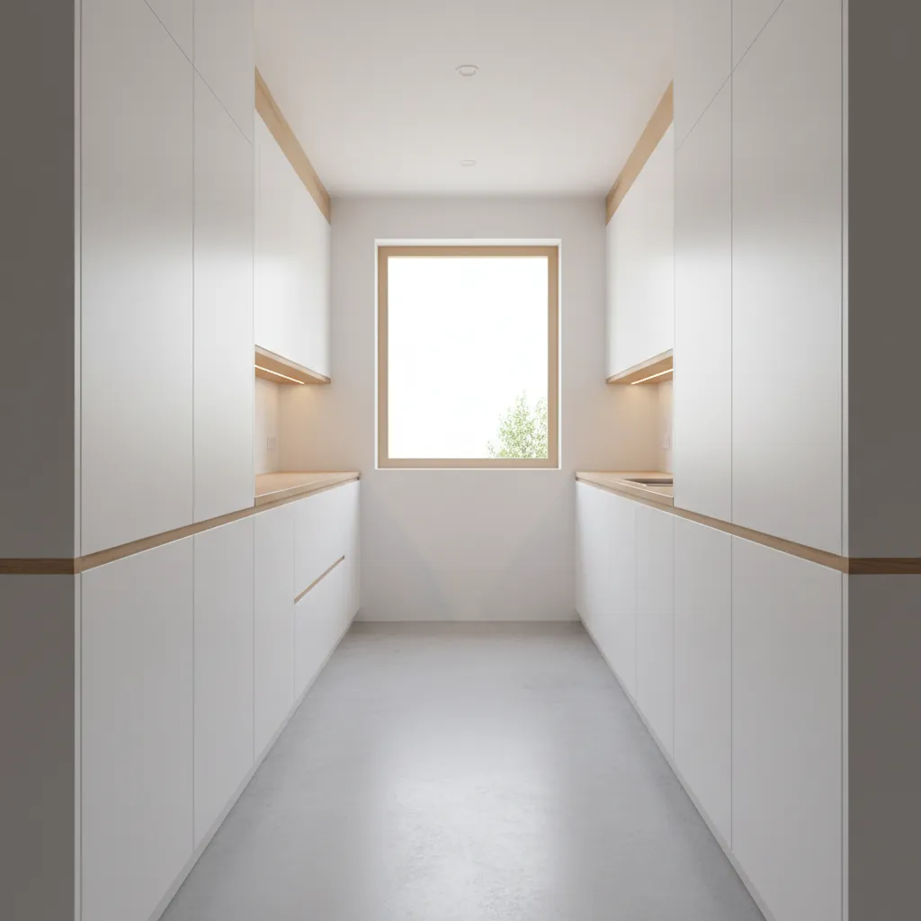 compact galley kitchen showing sliding cabinet doors improving walkway space