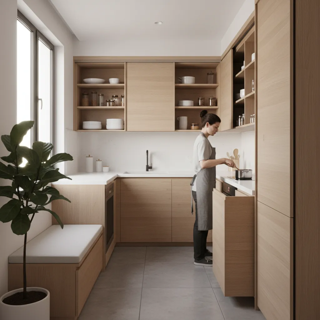 Small apartment kitchen using sliding cabinets to save space
