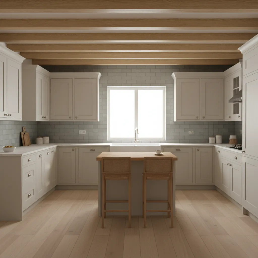 small kitchen ceiling with slim decorative wooden beams