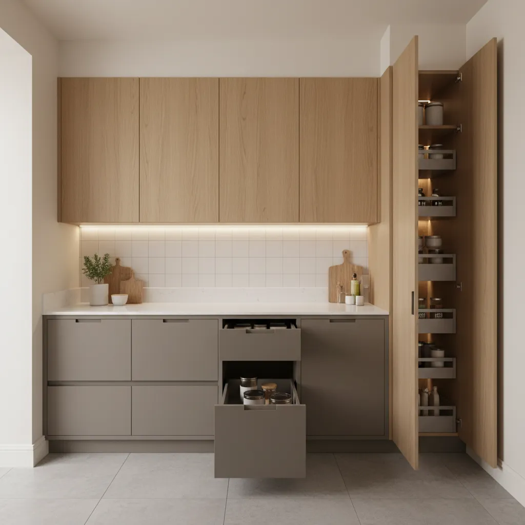 Smart cabinet storage solutions in a compact kitchen