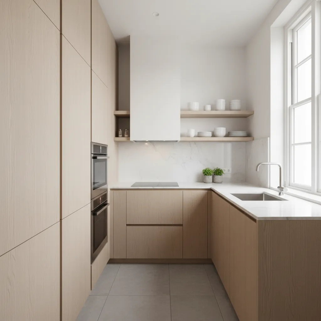 Cocina pequeña con distribución optimizada y almacenamiento vertical