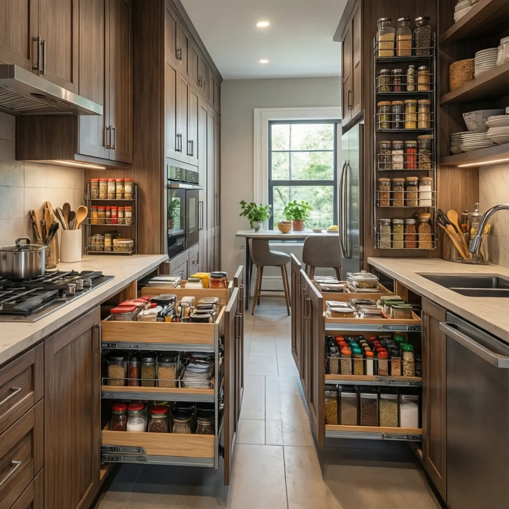 Small kitchen pull-out storage and vertical cabinets for compact apartments