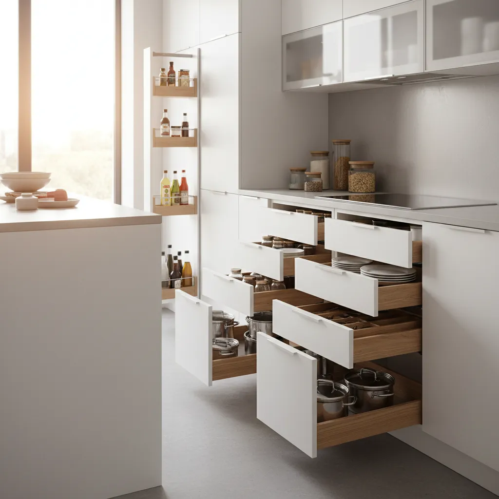 Modern white kitchen cabinets with open drawers showing smart storage for pots pans and spices