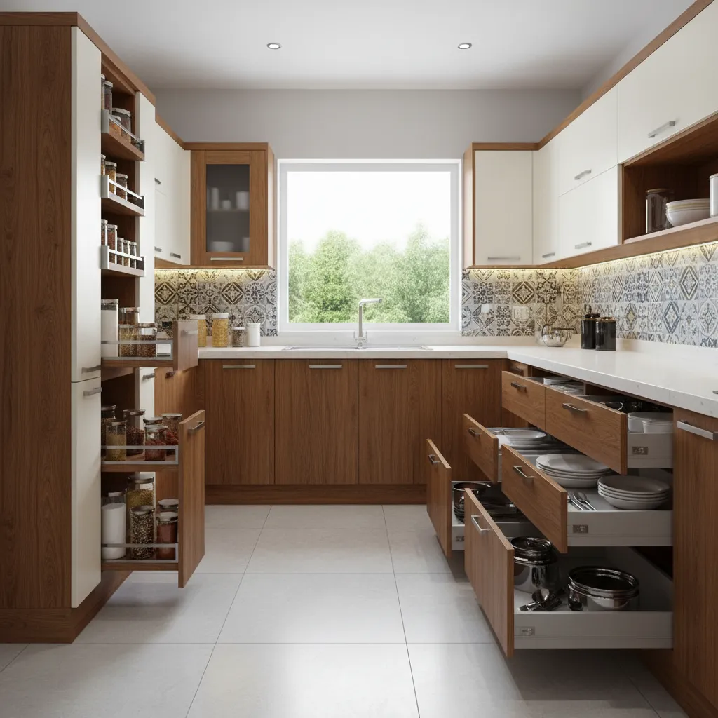 Indian modular kitchen pull-out storage drawers and pantry