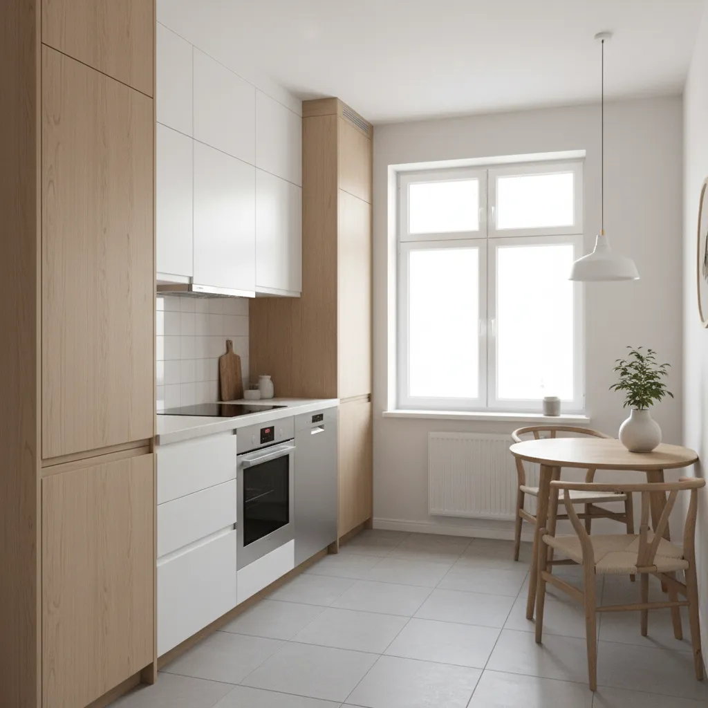 Small kitchen layout optimized with smart storage and compact appliances