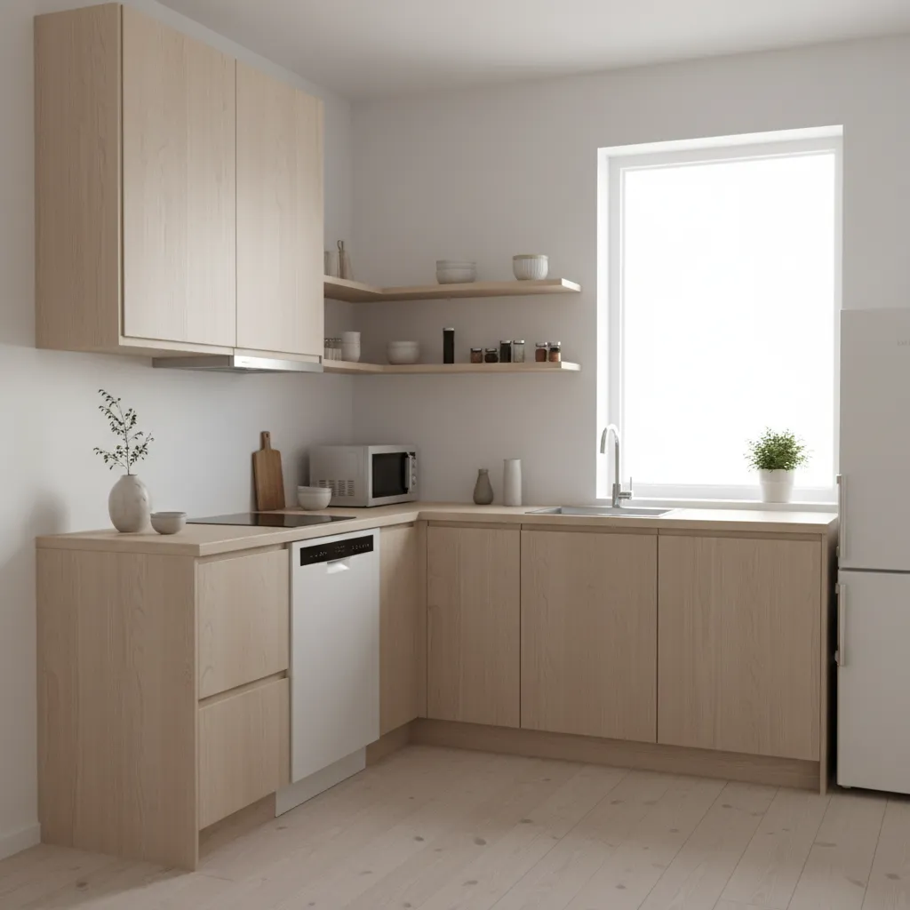 L-shaped small kitchen with light wood cabinets white walls corner shelves and white dishwasher integrated