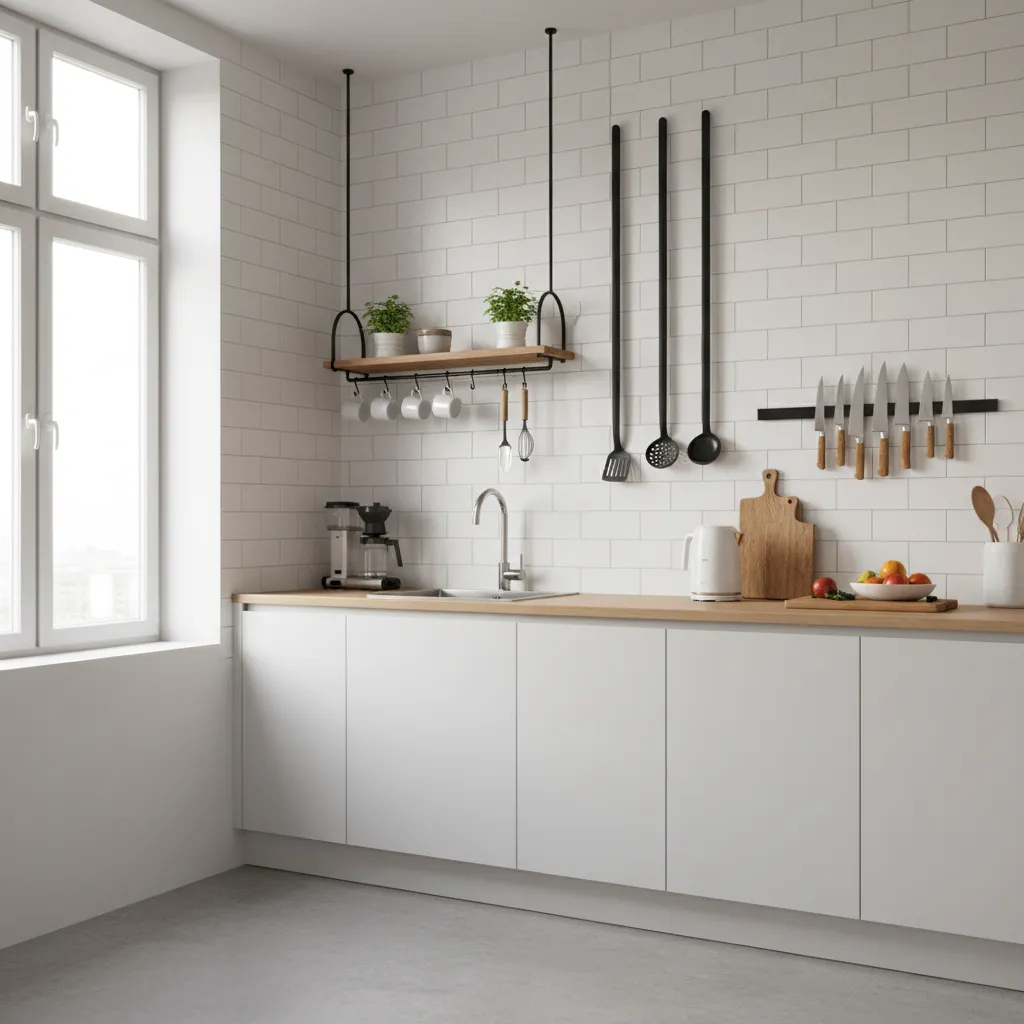 Small kitchen with vertical storage and space saving organization