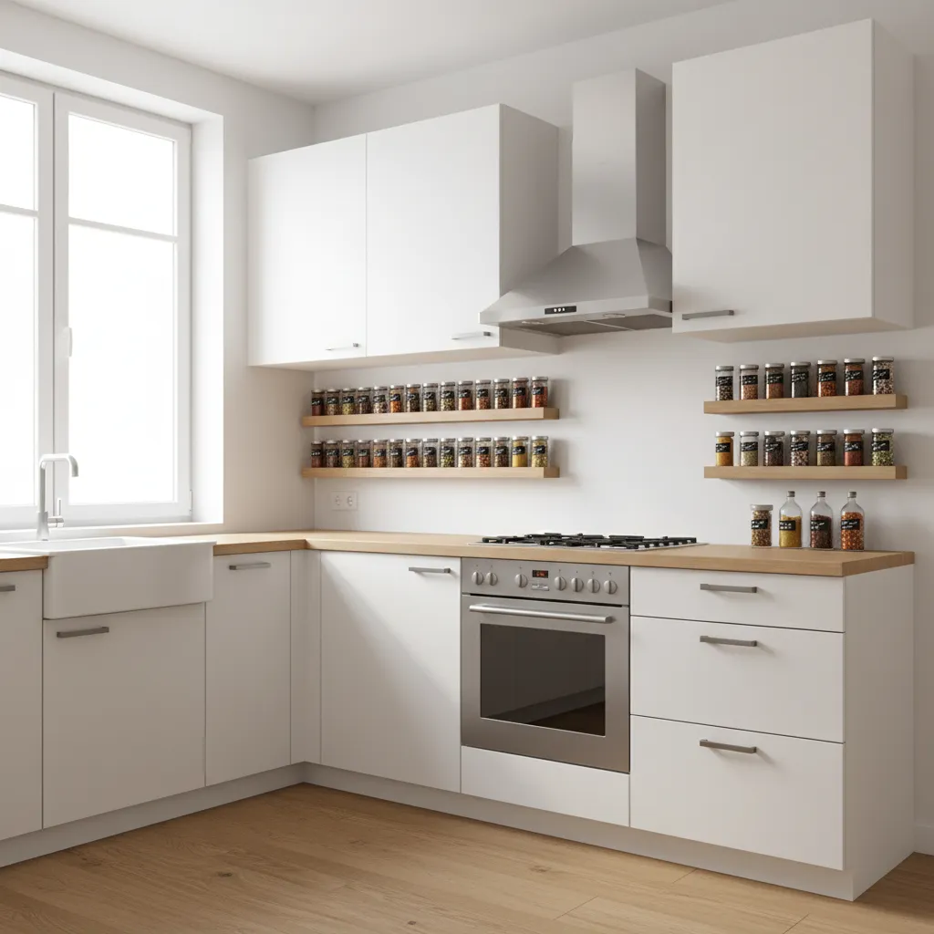 wall mounted spice racks in a compact kitchen