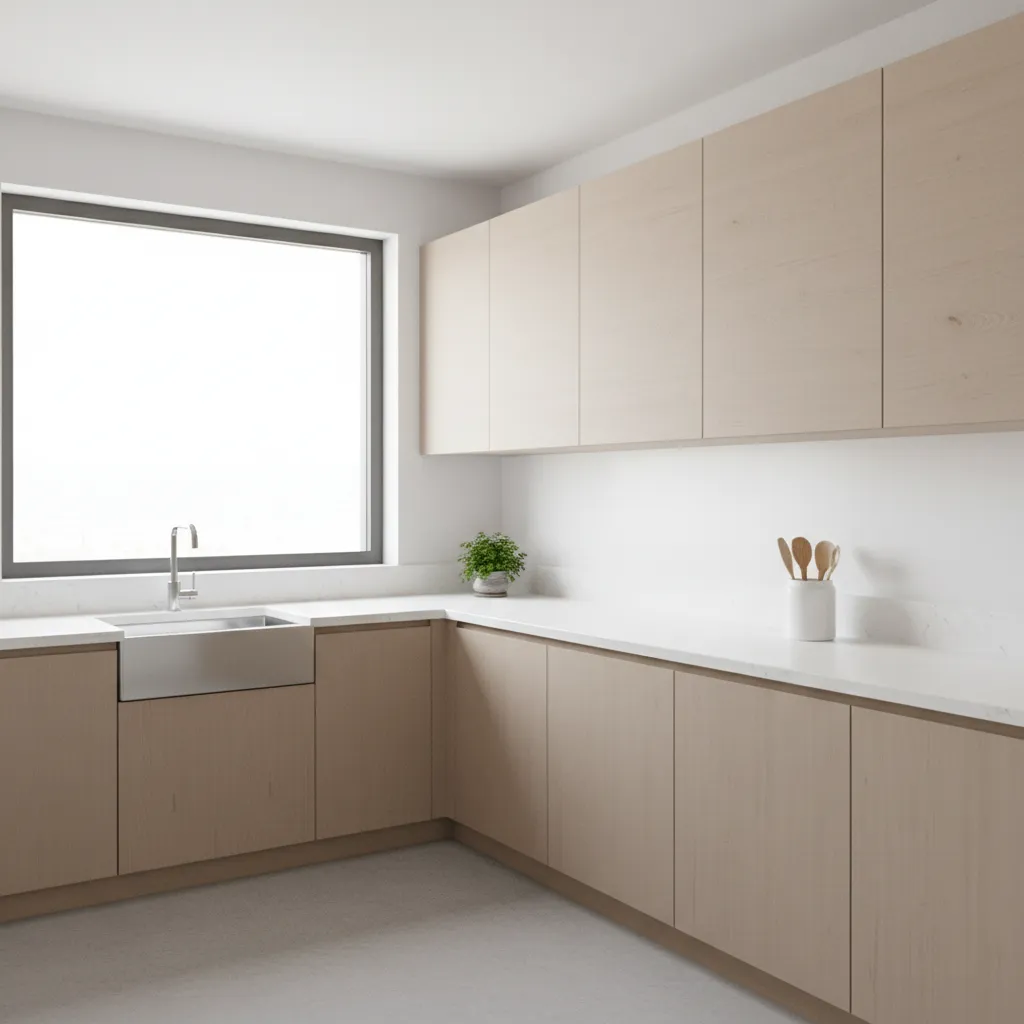 Compact kitchen showing stainless steel sink placement with extended counter prep area